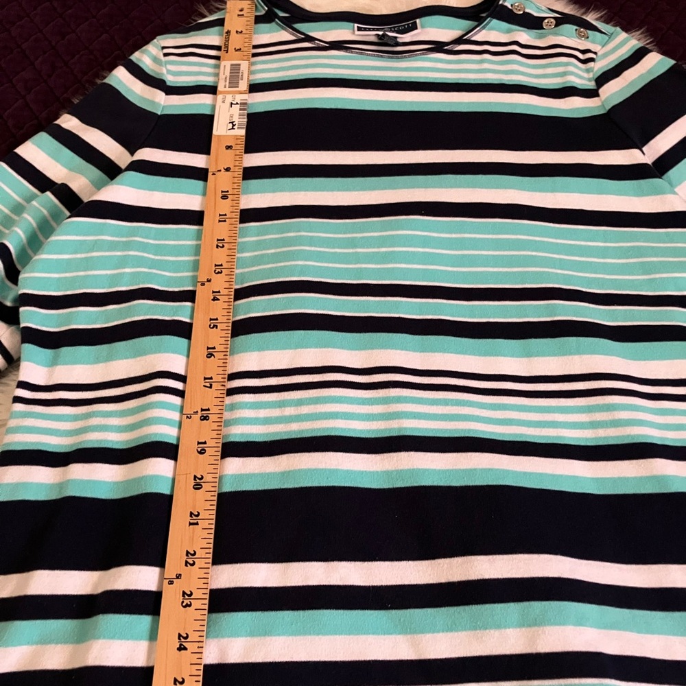 Karen Scott Black, White and Teal Striped Top
